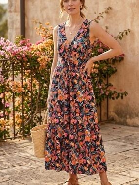 French Connection Navy Floral V-Neck Maxi Dress with Coral and Pink Blooms